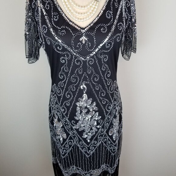 Classic 1920's Style Black Organza Beaded Flapper Style Dress NEW w/Tags Large - Picture 11 of 12
